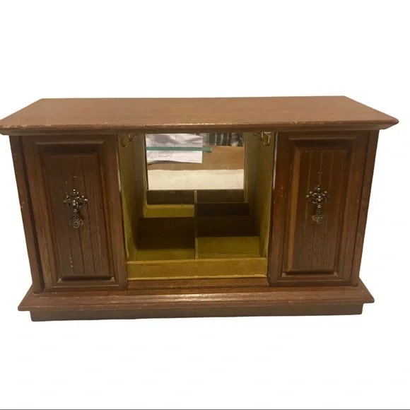 Large Vintage Wooden Double Sliding Doors Jewelry Box!